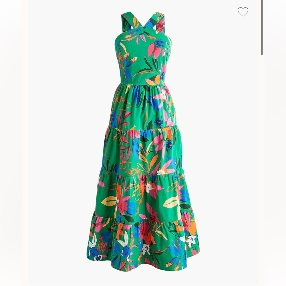 J. Crew Factory Green Floral Tiered Midi Dress with Pink, Blue & Yellow Accents